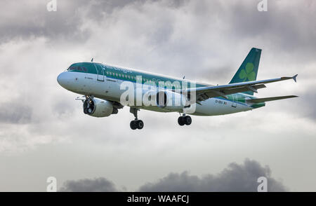 Aeroporto di Cork, Cork, Irlanda. 19 Agosto, 2019. Un Aer Lingus un aeromobile di tipo Airbus A320 attorno alla terra dopo il suo breve volo da Amsterdam in Cork Airp Foto Stock