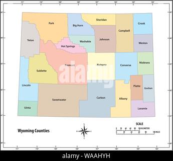 Stato del Wyoming delineare politica e amministrativa di mappa a colori Illustrazione Vettoriale