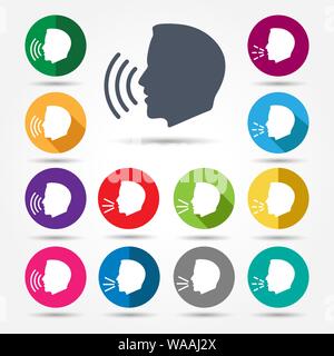 Parlare o parlare delle icone. Parlando di segno di controllo, il sistema di comando vocale, umani urlare o icona conversazione per sale riunioni, comunicazione via chat o la vita conversazione, v Illustrazione Vettoriale