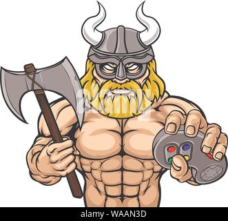 Viking Gamer Gladiator guerriero mascotte del Controller Illustrazione Vettoriale