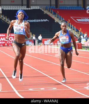 Shaunae Miller-Uibo (Bahamas) Dina Asher-Smith (Gran Bretagna) in azione durante la IAAF Diamond League atletica 2019 presso Alexander Stadium Bir Foto Stock