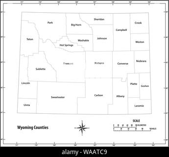 Stato del Wyoming delineare politica e amministrativa di mappa in bianco e nero Illustrazione Vettoriale