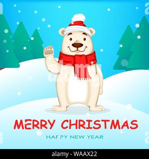Orso polare nel cappello di Natale e sciarpa stand nella foresta. Biglietto di auguri con divertenti orso bianco personaggio dei fumetti. Illustrazione Vettoriale Illustrazione Vettoriale