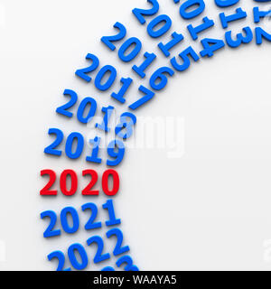 2020 passato nel cerchio rappresenta il nuovo anno 2020, tridimensionale, rendering 3D illustrazione Foto Stock