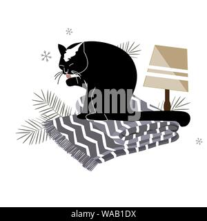 Funny minimailstic composizione di Natale con cat, lampada, clanket, e l'albero di natale rami. Tempo di Hygge concetto vettoriale. Modello accogliente per schede Illustrazione Vettoriale