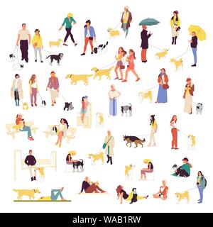 Set di molte persone a piedi con i cani. Gli uomini e le donne all'aperto con animali domestici. Corgi, labrador retriever, pastore, spaniel, Shiba Inu, terrier, chihuahua. Illustrazione Vettoriale