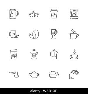 Bollitore per tè e caffè bevande contorno set di icone - simbolo nero su sfondo bianco. Il tè e le bevande a base di caffè semplice illustrazione simbolo - rivestiti di semplicità di segno. Illustrazione Vettoriale