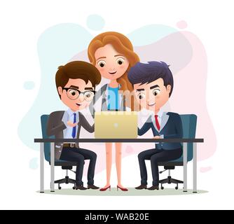 Caratteri aziendali teamwork dipendenti concetto vettoriale. Carattere di Business manager e il dipendente incontro di discussione in ufficio. Illustrazione Vettoriale. Illustrazione Vettoriale