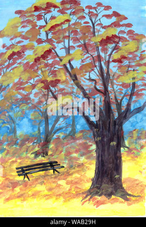 Svuotare il vecchio banco di legno nel parco della città con una struttura ad albero autunno sfondo, pittura ad acquerello stile. Lussureggianti colori d'autunno alberi sul marciapiede in un parco della città Foto Stock