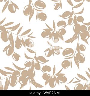 Vettore di Seamless pattern con disegnati a mano ulivo rami isolati su bianco. Vintage sfondo di oliva Illustrazione Vettoriale