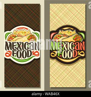 Banner di vettore per il cibo messicano, coupon con burrito farcite con verdure, deliziosi taco con pepe rosso, triangolo nachos con formaggio, spazzola carattere tipografico Illustrazione Vettoriale