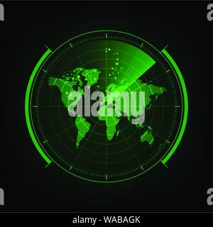 Nella schermata Radar con futuristico interfaccia utente e digital world map illustrazione vettoriale. Illustrazione Vettoriale