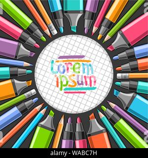 Poster del vettore con marcatori colorati intorno a scacchi texture di carta per copia di spazio, insieme di diversi punta in feltro penne e varietà aperta evidenziare i marcatori Illustrazione Vettoriale