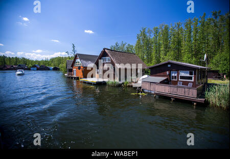 Mirow, Germania. 25 Maggio, 2019. Boathouses costruito su palafitte sulla Mirow Canal. Credito: Jens Büttner/dpa-Zentralbild/ZB/dpa/Alamy Live News Foto Stock