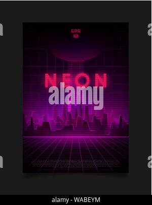 Notte Retrowave città con griglia laser, incandescente neon pink e luci viola e la nebbia e la grande sfera scura nel cielo sopra la città. Design per il flyer Illustrazione Vettoriale