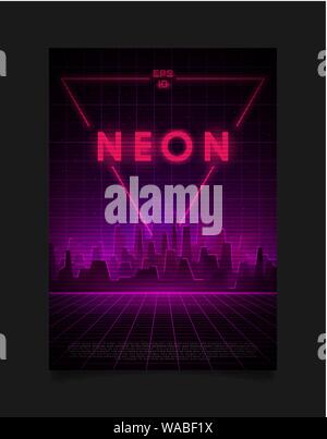Retrowave cityscape con griglia laser, incandescente neon pink e luci viola e la nebbia e il grande triangolo neon dietro la città. Design per dépliant, brochure Illustrazione Vettoriale
