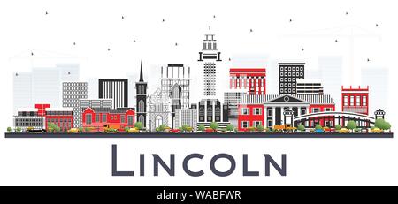 Lincoln Nebraska skyline della città con edifici di colore isolato su bianco. Illustrazione Vettoriale. Illustrazione Vettoriale