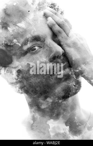 Paintography. La doppia esposizione fotografia portrait mescolati con inchiostro nero lavare su sfondo bianco Foto Stock