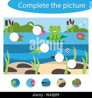 Completa il puzzle e trovare le parti mancanti della foto, stagno divertente gioco di educazione per i bambini in età prescolare attività del foglio di lavoro per i bambini, attività per Illustrazione Vettoriale
