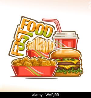 Poster del vettore per il Fast Food, set di pezzi di pepite di pollo in una scatola di cartone, fresche cheeseburger con Patatine fritte e bistecca insalata, patate fritte in carta c Illustrazione Vettoriale