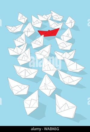 Concetto di individualità. Unica carta rossa barca tra quelli bianchi illustrazione vettoriale. Illustrazione Vettoriale