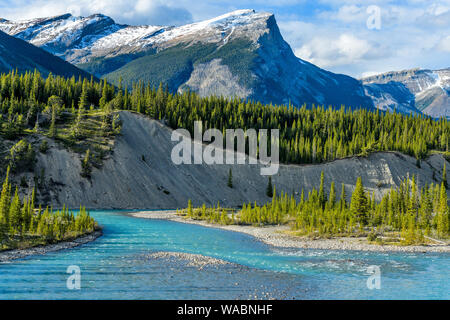 Blue River - flussi colorati del Fiume Saskatchewan con calma che fluisce attraverso una ripida montagna valle, il Parco Nazionale di Banff, Alberta, Canada. Foto Stock