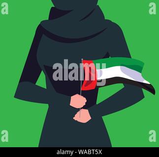 Donne emirati day poster con il corpo femminile e vettore di flag illustration design Illustrazione Vettoriale