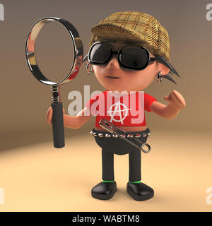 3D fumetto punk rock personaggio che indossa un deerstalker e titolari di una lente di ingrandimento come un famoso detective, 3D render illustrazione Foto Stock