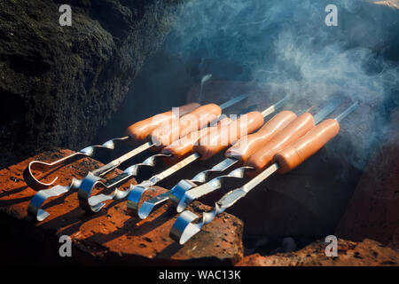 Friggere le salsicce sul fuoco. Picnic in natura. Salsicce su spiedini. Salsicce alla griglia. Foto Stock