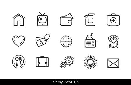 Linea di set di icone. Vettore di raccolta di contorno nero logo per le applicazioni mobili o web site design Illustrazione Vettoriale