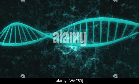 Computer grafica degli elementi blu creando grandi di DNA azzurro parte modello girando intorno al buio lampeggiante con sfondo bianco di sottili fili di avvolgimento. Animazione 3d. Medicina scienza biologia concetto. Foto Stock