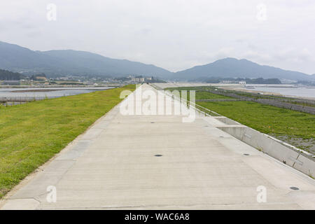 Rikuzentakata, Giappone. 19 Ago, 2019. Un enorme mare muro costruito lungo la costa per proteggere il Takata-Matsubara Memorial Park per il disastro dello tsunami, sotto-costruzione, dove il miracolo pino è conservato come un superstite del 2011 Tsunami. Il memorial park è costruito dal governo del Giappone e il governo della prefettura di Iwate per ricordare le vittime del terremoto del 2011, e come un simbolo di forte volontà per la ricostruzione. Il parco sarà aperto il suo nuovo Grande Oriente Giappone museo dello Tsunami del 22 settembre 2019, e la sua completa di servizi all'inizio del 2021. ''Tohoku Media Tour: Iwate Foto Stock