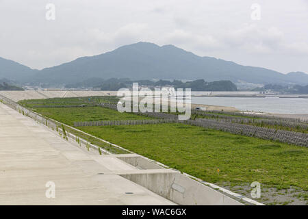 Rikuzentakata, Giappone. 19 Ago, 2019. Un enorme mare muro costruito lungo la costa per proteggere il Takata-Matsubara Memorial Park per il disastro dello tsunami, sotto-costruzione, dove il miracolo pino è conservato come un superstite del 2011 Tsunami. Il memorial park è costruito dal governo del Giappone e il governo della prefettura di Iwate per ricordare le vittime del terremoto del 2011, e come un simbolo di forte volontà per la ricostruzione. Il parco sarà aperto il suo nuovo Grande Oriente Giappone museo dello Tsunami del 22 settembre 2019, e la sua completa di servizi all'inizio del 2021. ''Tohoku Media Tour: Iwate Foto Stock