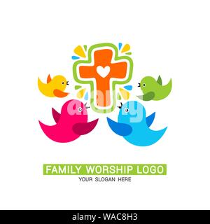 Culto familiare logo. La famiglia glorifica Dio, canta a Lui gloria e lode. Illustrazione Vettoriale