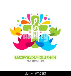 Culto familiare logo. La famiglia glorifica Dio, canta a Lui gloria e lode. Illustrazione Vettoriale