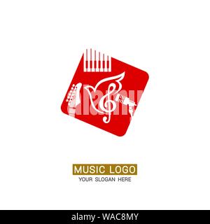 Il logo di musica. Colomba sullo sfondo di una chiave di violino e strumenti musicali Illustrazione Vettoriale