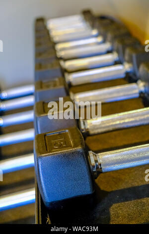 Manubri in rack Peso Foto Stock