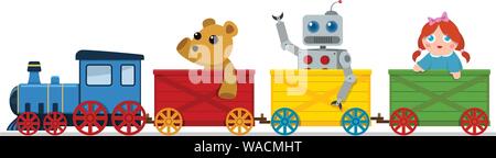 Un colorato trenino trasporta un orsacchiotto di peluche, un robot e una bambola Illustrazione Vettoriale