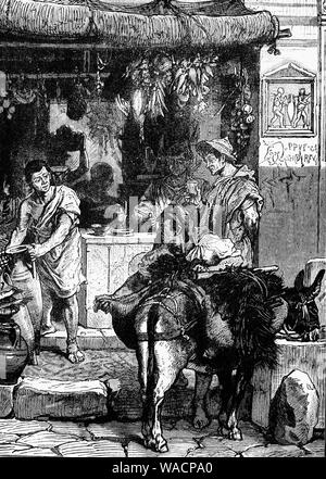 Una scena di strada a Pompei, antica città romana nei pressi di Napoli moderno nella regione Campania d'Italia. Pompei, insieme a Ercolano e molte ville della zona circostante è stato sepolto sotto 4 a 6 m (13 a 20 ft) di ceneri vulcaniche e pomice in eruzione del Vesuvio nel 79 D.C.. Foto Stock