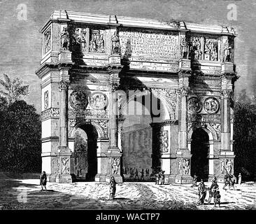 L'Arco di Costantino è un arco trionfale a Roma, situato tra il Colosseo e Palatino. Fu eretta dal Senato romano per commemorare la vittoria su Massenzio nella battaglia di Ponte Milvian nel 312 da Costantino il Grande, aka Costantino I (272 - 337 D.C.). Dedicato nel 315, è il romano più grande arco trionfale spanning via Triumphalis, il cammino intrapreso dagli imperatori quando sono entrato nella città in trionfo. Foto Stock