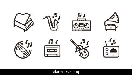 Musica, set di icone di linea. Logo vettoriale di raccolta con profilo nero per la progettazione di siti Web o applicazioni mobili Illustrazione Vettoriale