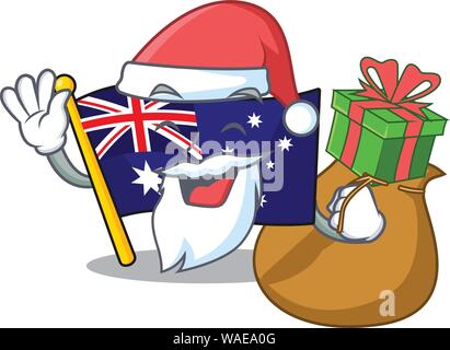 Santa con dono bandiera australia isolato in la mascotte Illustrazione Vettoriale