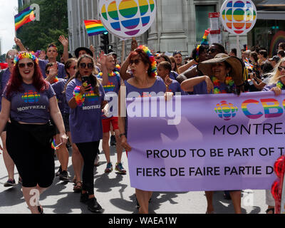 Montreal, Canada 8/18/2019.I dipendenti di Radio Canada partecipano al Montreal Pride Parade nel centro di Montreal. Foto Stock
