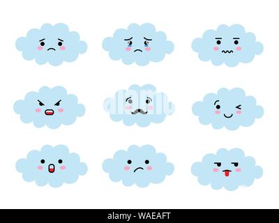 Set di cloud emoji sagomato con differenti dell'umore. Kawaii carino nuvole emoticon e le anime giapponese gli Emoji volti espressioni. Illustrazione Vettoriale