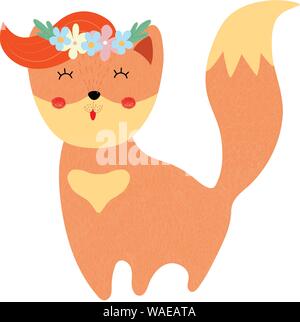 Carino fox nella corona di fiori isolati su sfondo bianco, adorabili bambini stampa per asili nido, tshirt design, Baby girl doccia scheda. Cartoon vettore piatto ill Illustrazione Vettoriale