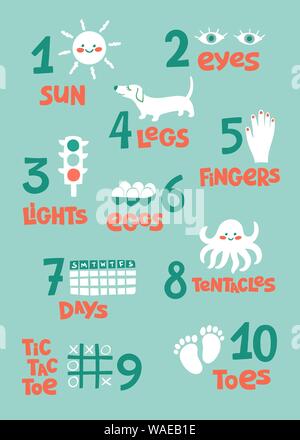 Numeri e pratica di conteggio poster stampabile, foglio di lavoro per la pre-scuola, kindergarten kids. I numeri colorati flashcard per bambini imparare a contare. Illustrazione Vettoriale