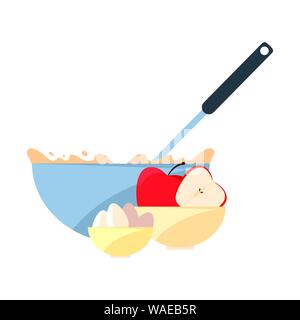Ciotola con mele uova farina cottura di preparazione illustrazione vettoriale Illustrazione Vettoriale
