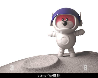 3d carino pink fluffy Teddy bear esplora la luna nel suo astronauta spacesuit, 3D render illustrazione Foto Stock