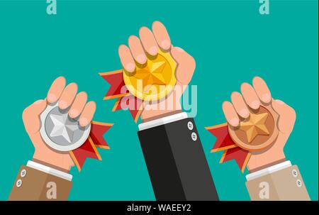 Medaglie con nastri rossi e forme stellari in mani. Illustrazione Vettoriale