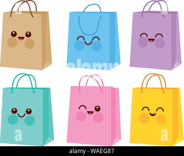 Simpatici personaggi colorati della shopping bag. Buone borse della spesa. Illustrazione vettoriale Illustrazione Vettoriale